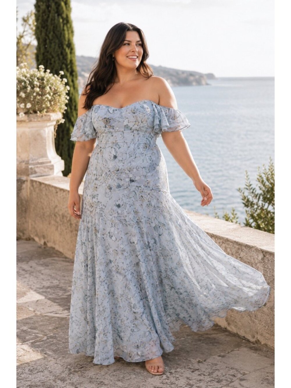 NWT Jenny Yoo Belen Floral Chiffon Maxi Gown Size 16 Blue Off Shoulder